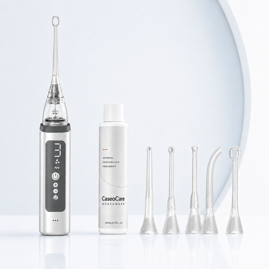 Machine Caseocare avec embouts sur fond bleu clair