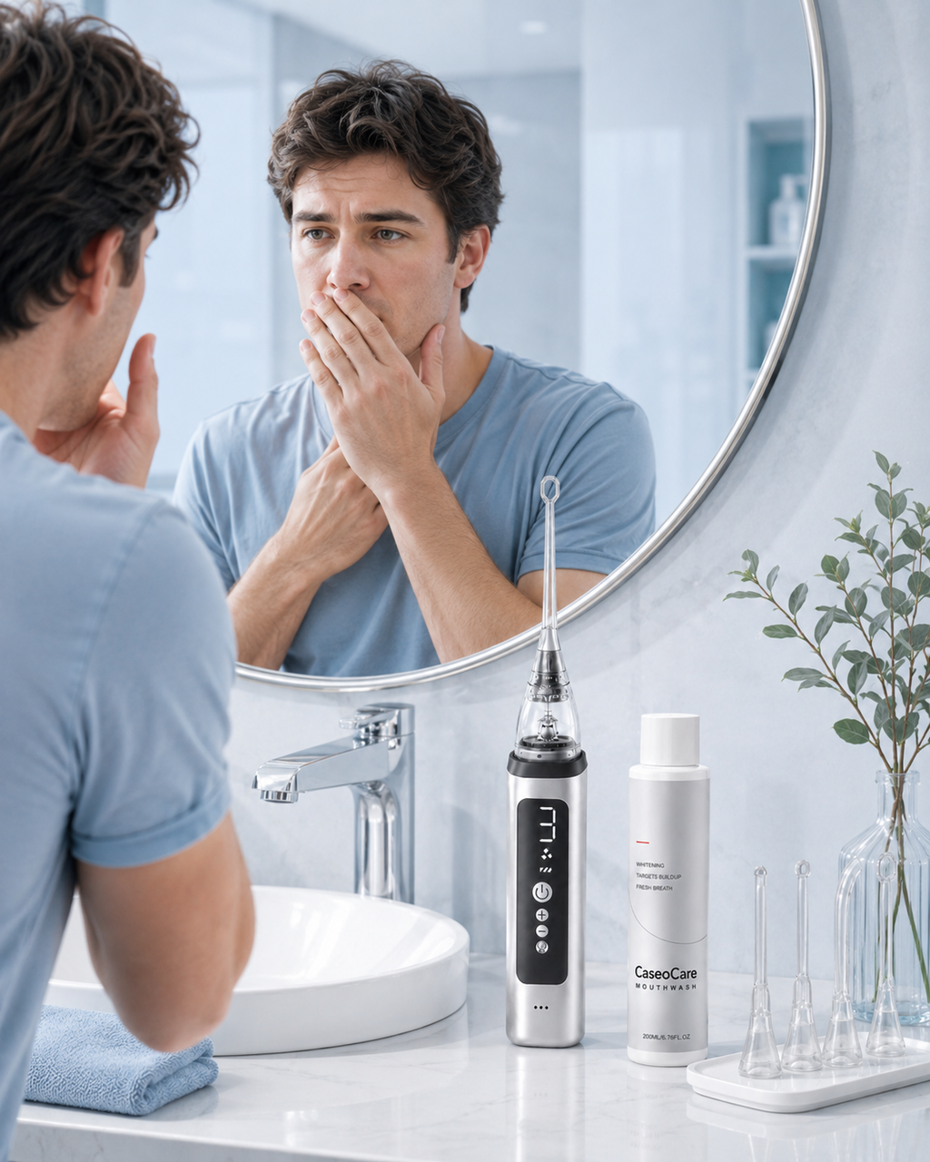 Personne genee par son haleine devant un miroir avec Caseocare